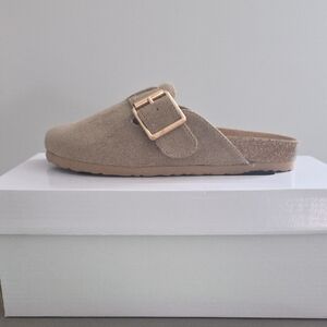 BAMBOO Tan Mules with Gold Buckle